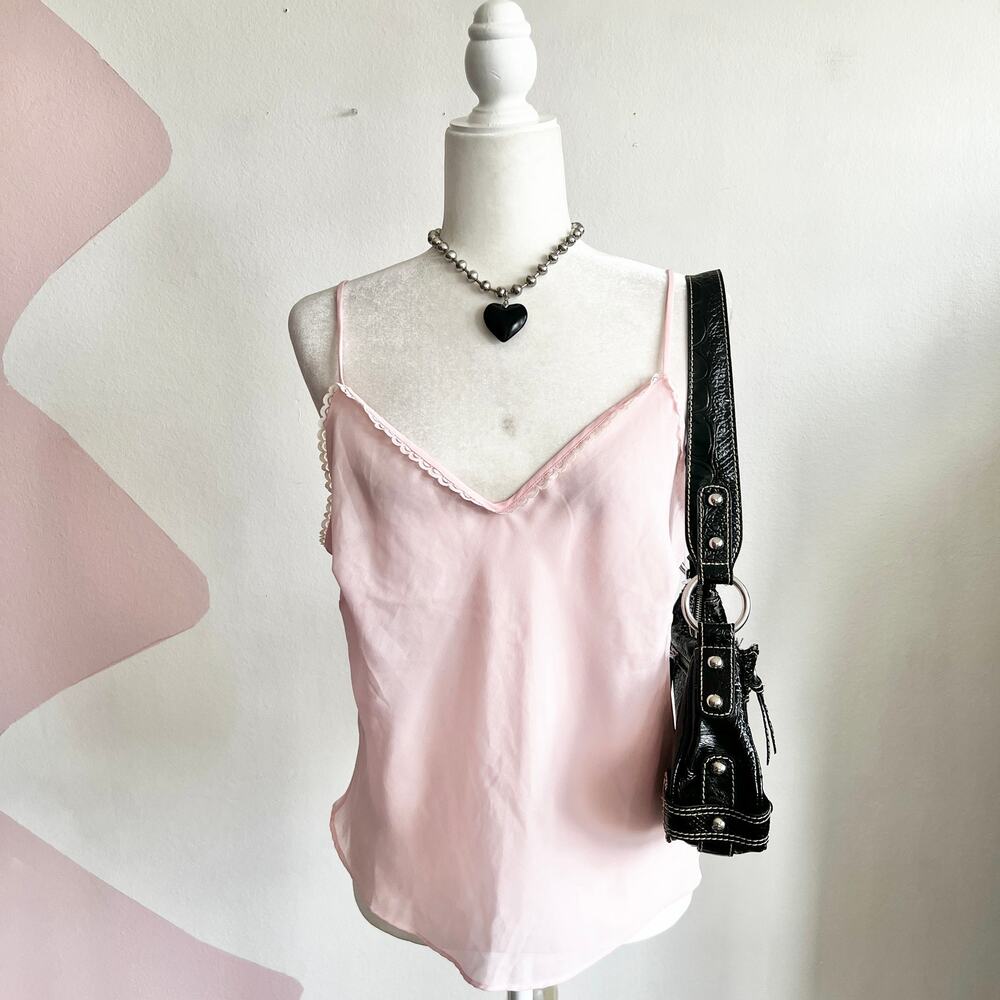 Pink Sheer Lace Trim Tank Top Y2K Vintage Romantic Lingerie Cami Soft Girl XL